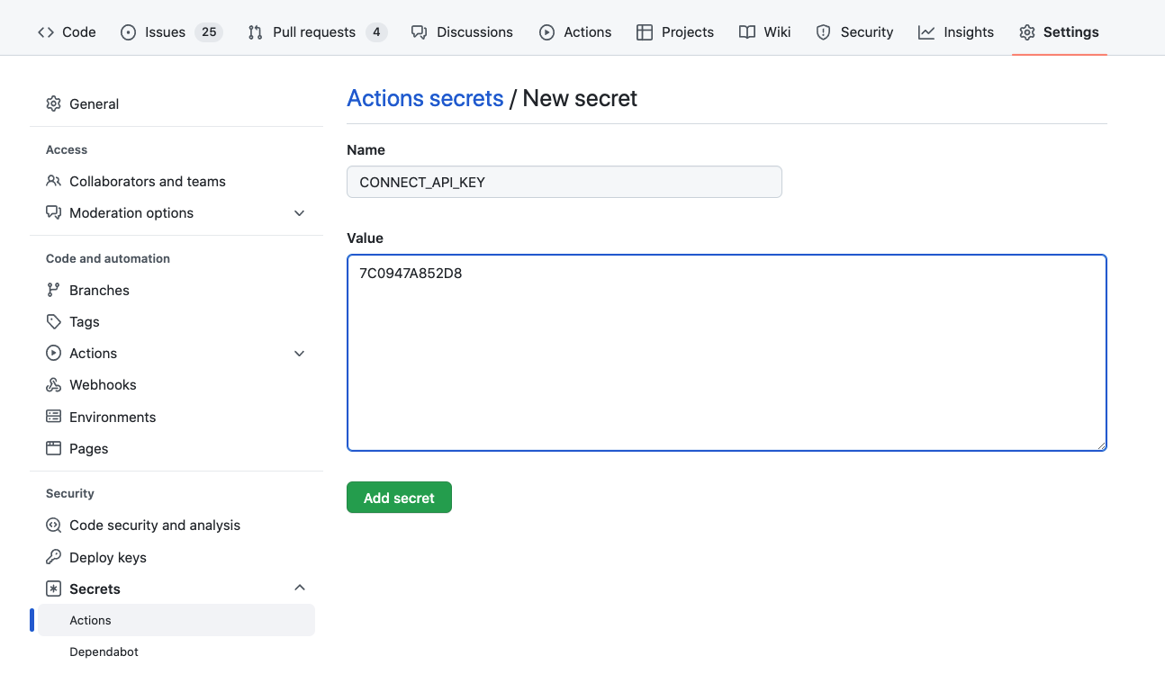 GitHub New secret form with the Name field set to CONNECT_API_KEY and the API key pasted into the Value field.