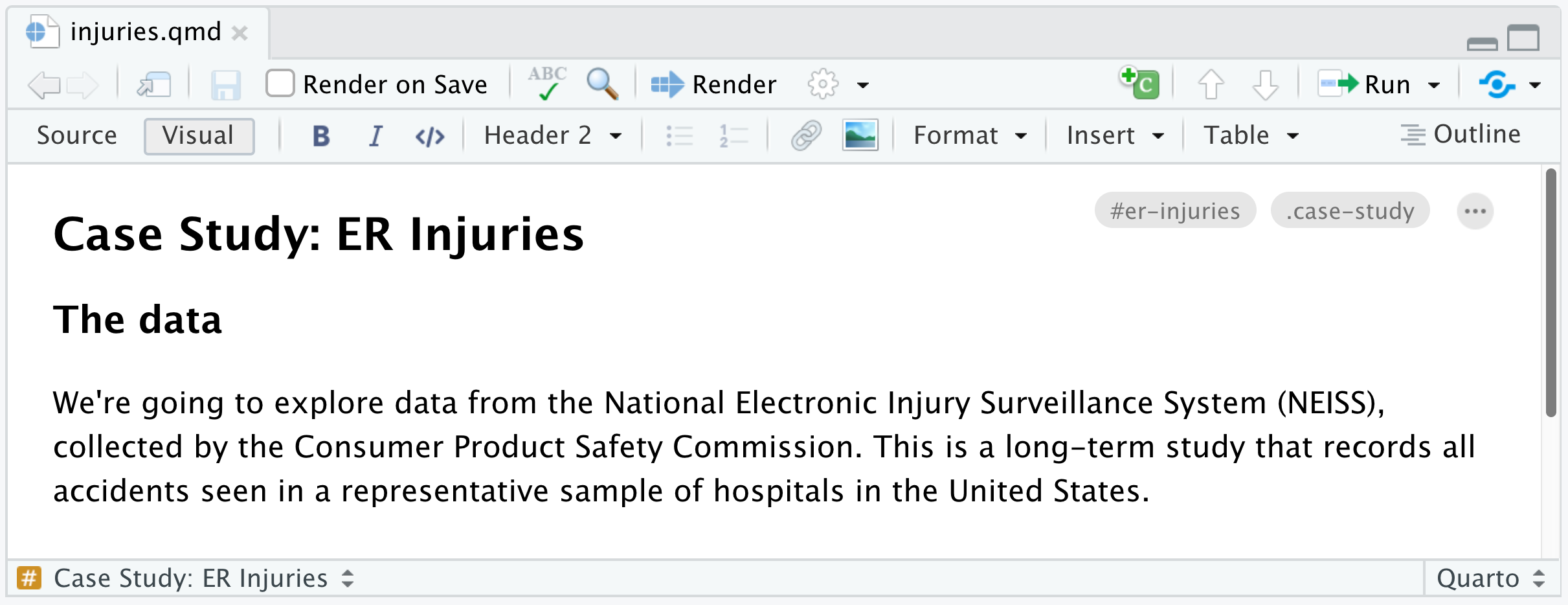 A heading with '#er-injuries' and '.case-study' attribute pills shown at the top right, next to an edit button.
