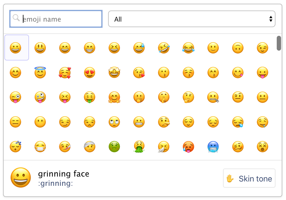 The emoji picker, with a search box, a grid of emoji, and the name and shortcode of the selected emoji shown at the bottom.