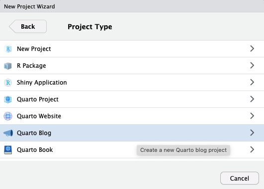 RStudio New Project Wizard, Project Type step, with Quarto Blog selected.