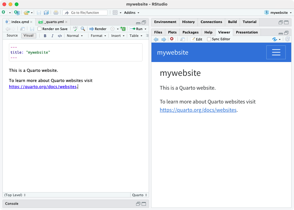 RStudio with index.qmd open in the visual editor on the left. The rendered website preview shows in the Viewer pane on the right, with a blue navbar titled mywebsite above the home page text.